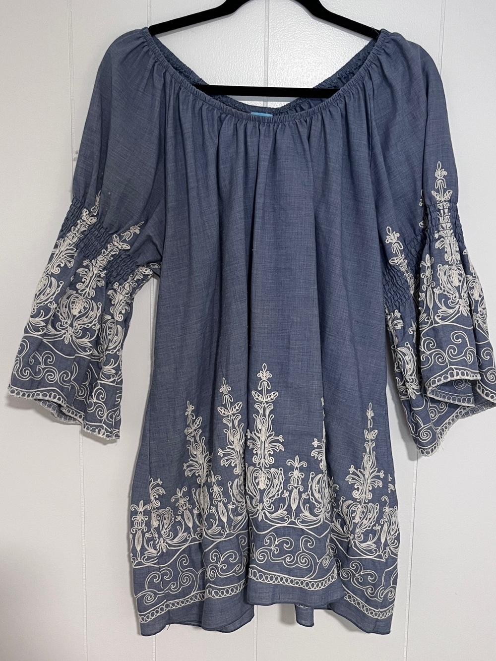 Women's Blue Embroidered Off-Shoulder Tunic Top